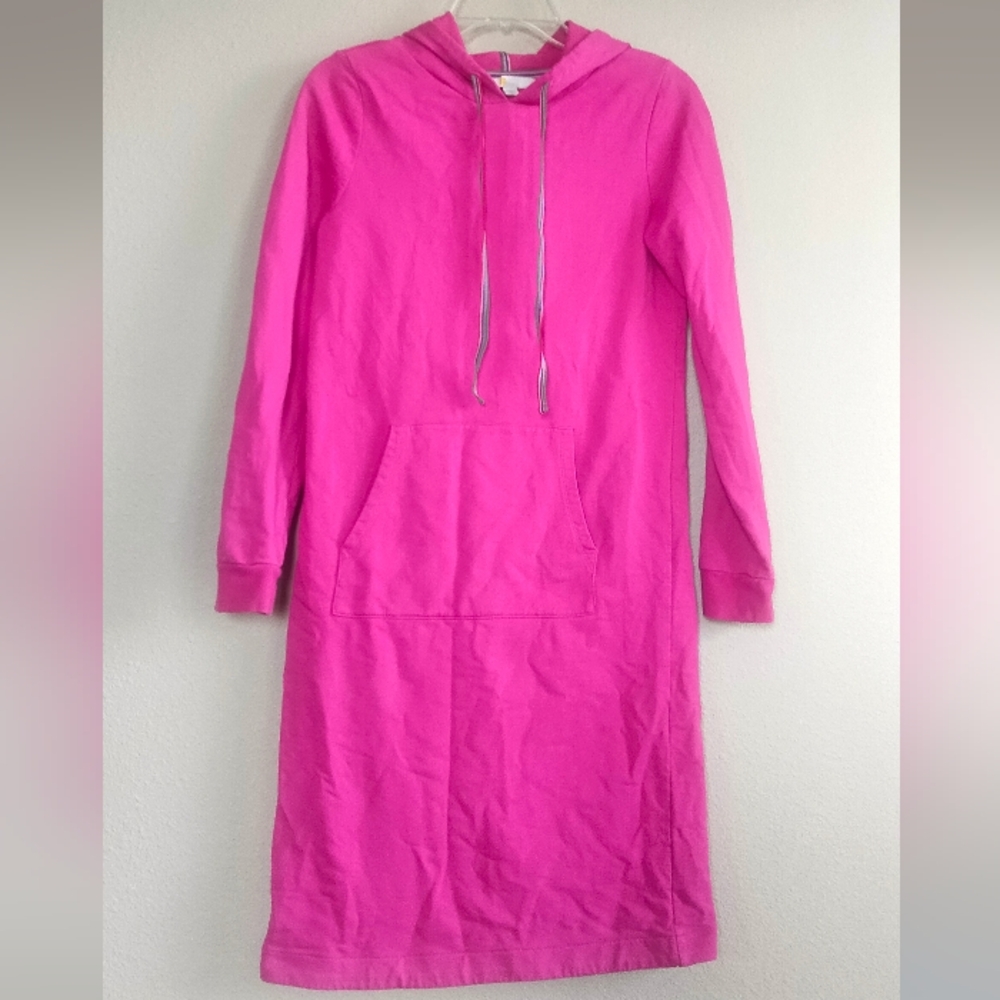 Boden Size 4 Pink Hooded Long Sleeve Dress With Hoodie Pocket And Rainbow Accent